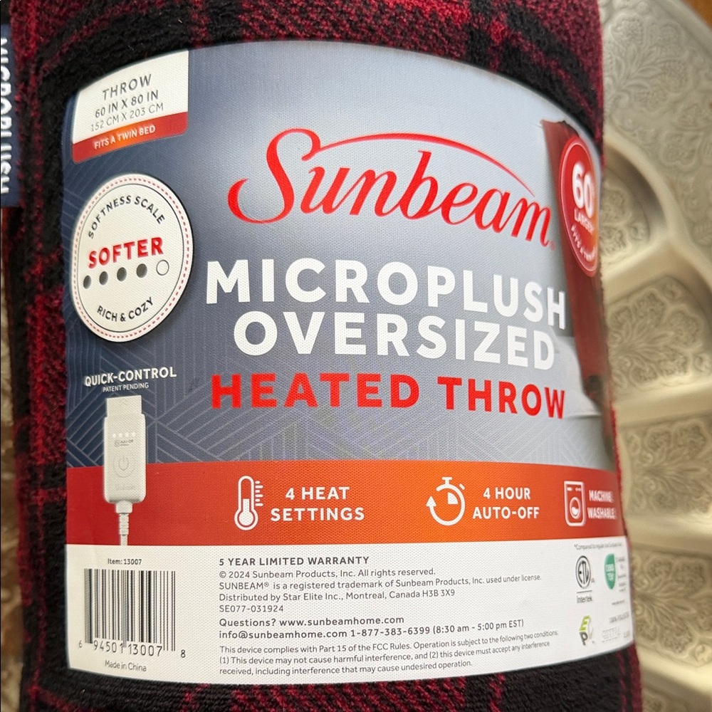 🏡Sunbeam Black and Red Microplush Heated Throw - Picture 2 of 5